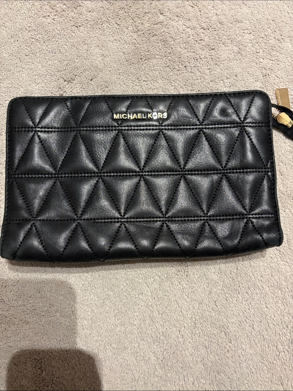 Michael Kors Black Quilted Leather Wristlet Clutch with Gold Logo